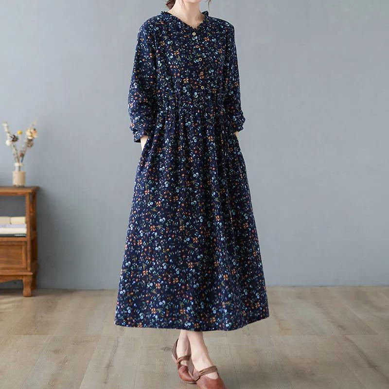 Long Sleeve Cotton Linen Ruffle Vintage Floral Dresses for Women Casual Loose Spring Autumn Dress Elegant Clothing