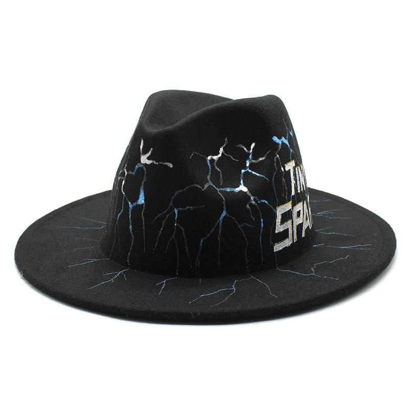 

Personalized Lightning Hand-Painted Flat-Brimmed Top Hat Jazz Hat Men S And Women S Woolen Top Hat M（56-58cm）