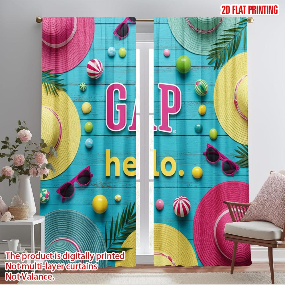 

2pcs 2D flat printing Party Curtains Summer Hats Sunglasses Beach Polyester Without Electricity 0 for aesthetic room decor 52.50×116.00 CM 2pcs