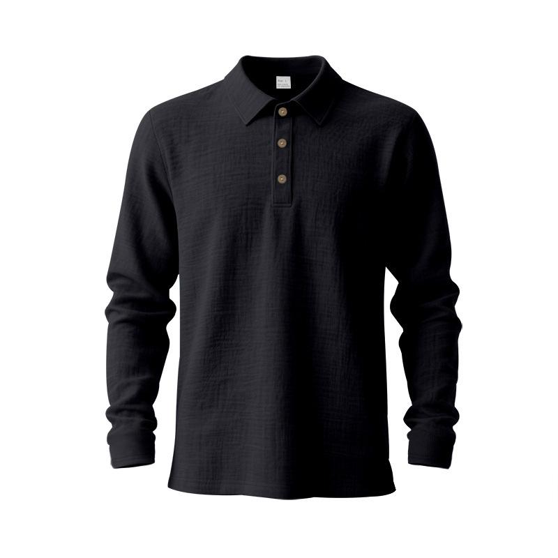 Spring Loose-Fit Solid-Colour Collared Casual Business Men's Long-Sleeved Linen Polo Shirt