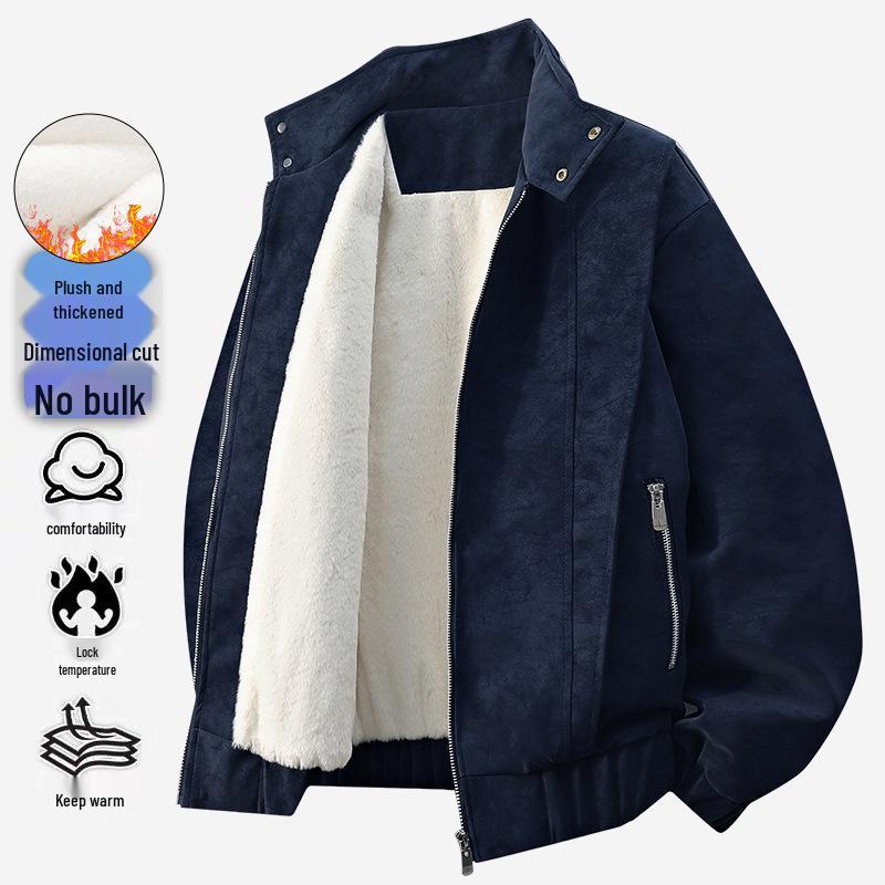 Men's Retro Stand Collar Velvet-Lined Leather Jacket - High-End Loose Fit for Autumn/Winter