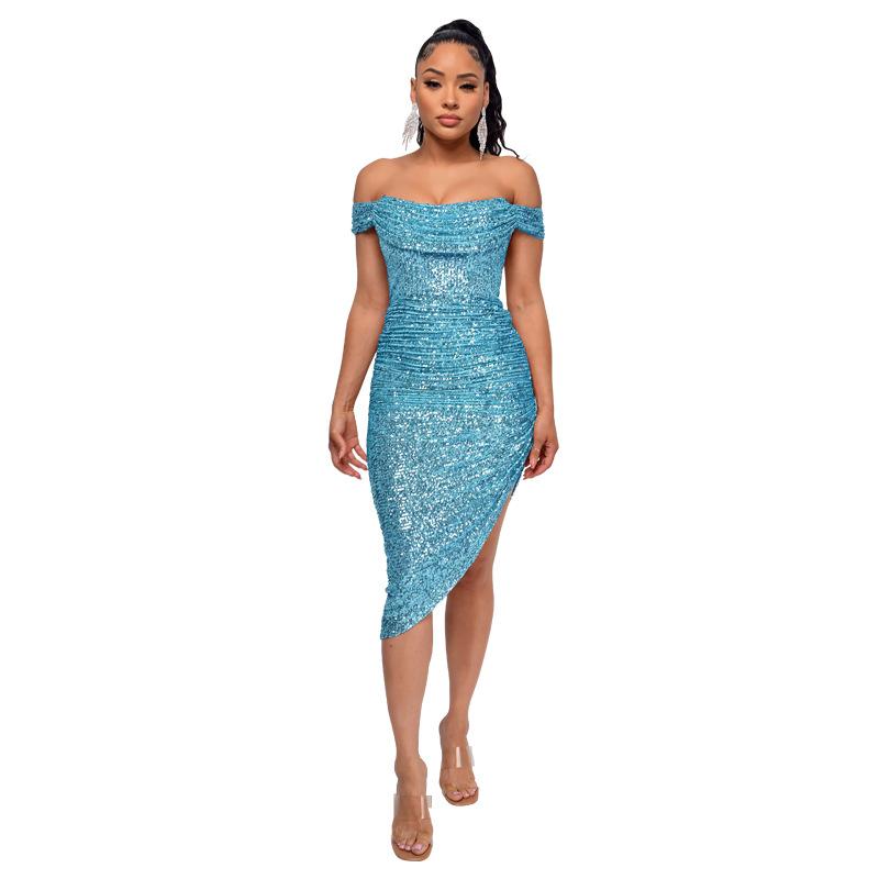 Women's Summer One-line Shoulder French Waist Dress Sequin Bag Hip Mid-length Dress