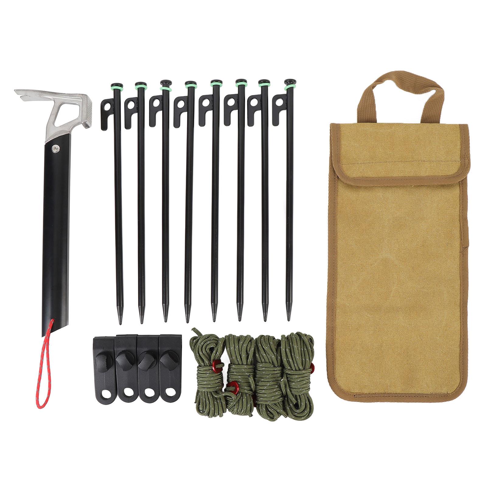 

Multiuse Tent Camping Stakes 30cm with 4mm Outdoor Guy Lines Tent Cords Lightweight Camping Rope Pegs Bag Canopy Clips Khaki