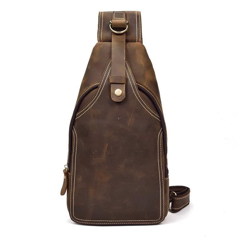 Men'S Leather Breast Bag Retro Crazy Horse Leather Messenger Bag First Layer Cowhide Travel Bag Cowhide Shoulder Bag Summer