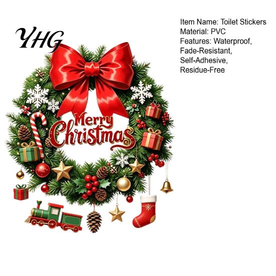 Waterproof Seasonal Wall Decor Christmas Wreath Toilet Decal, Merry Bow Seat Sticker, Self Adhesive Lid Decal Tank Decals, Self-Adhesive Bathroom