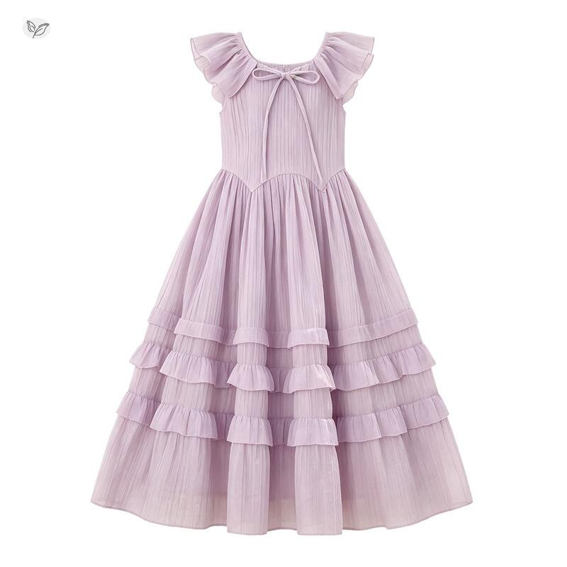 Girls' Puff Sleeve Lace Cake Dress - Summer 2026 Style, Slim Waist Long Dress for Kids