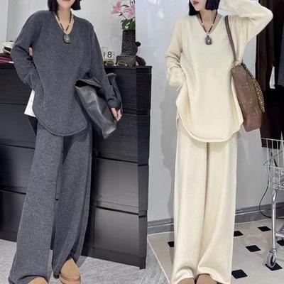 Chic V-neck Sweater & Wide-leg Pants Two-piece Set for Women - 2025 Autumn/Winter Fashion Knitwear