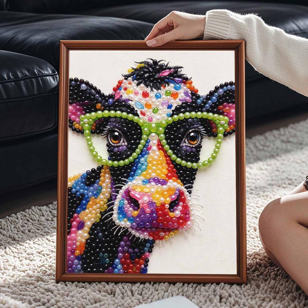 Colorful Cow with Glasses Pearl Painting Kit with Frame Sparkling Bead Canvas Creative Leisure Craft for Wall Decor and Home Gift