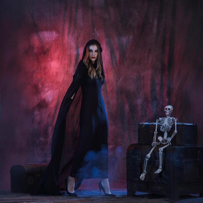 Halloween black devil costume, cape of death, vampire witch costume, masquerade, stage costume