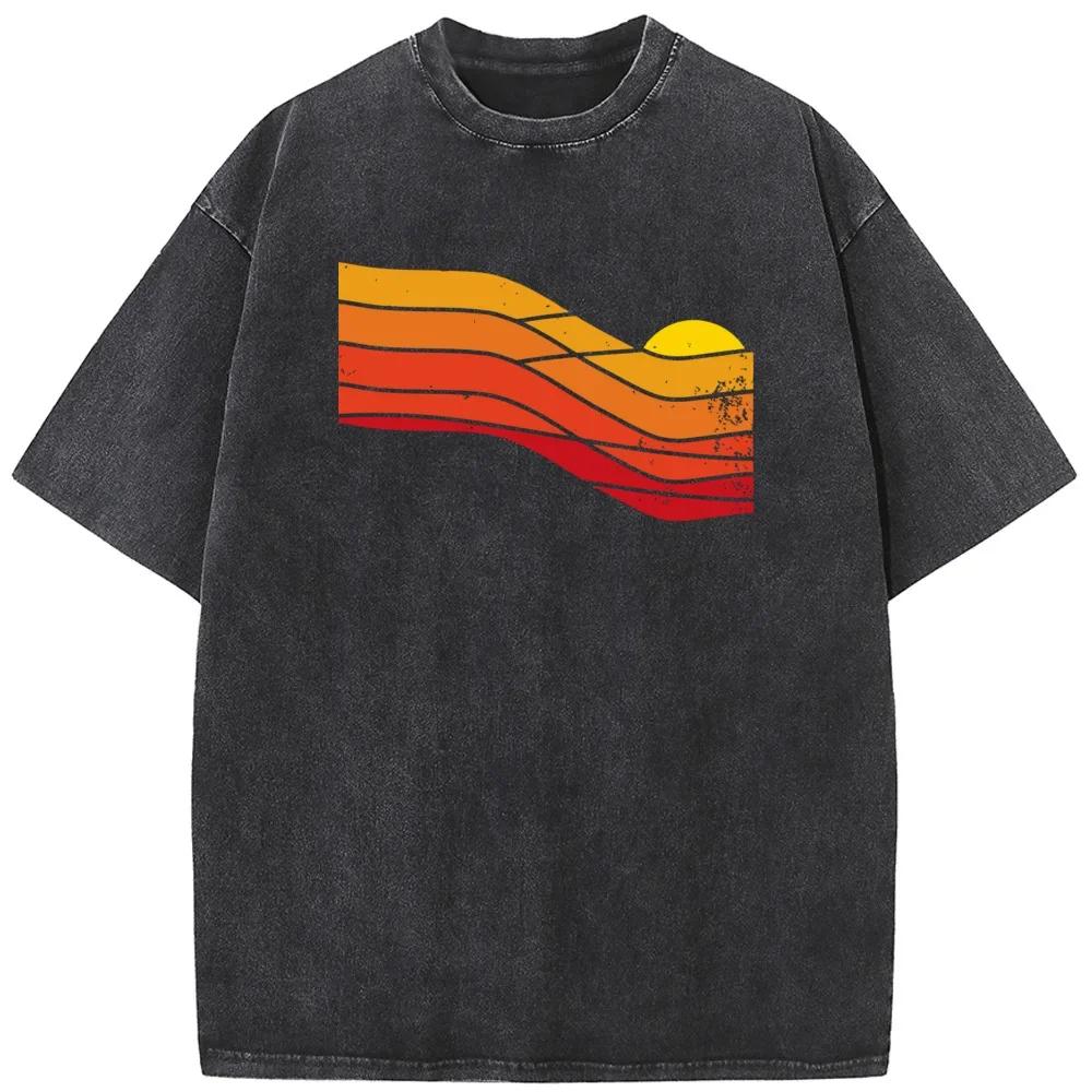Retro Sunset Washed T-Shirt Summer Loose Bleached Tshirt Cotton 230g O-Neck Short Sleeve Bleach Tops Tee S разноцветный
