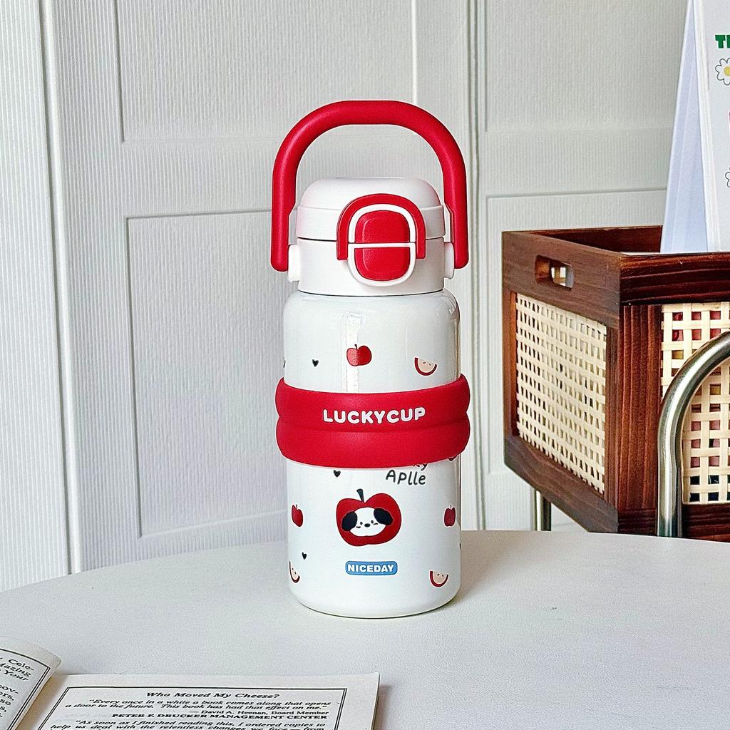 Tecknad söt termosmugg flickor högt värde rostfritt stål sugrörsmugg student tecknad stor kapacitet bärbart handtagsmugg