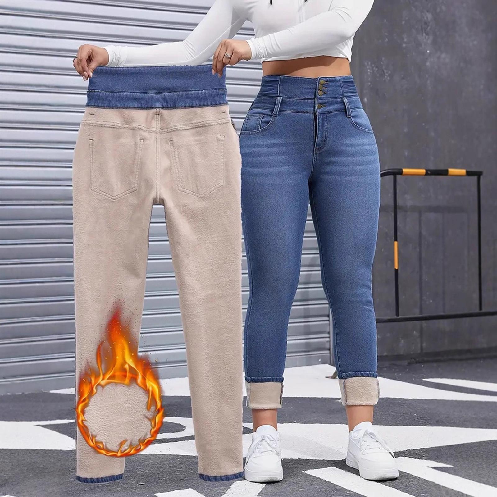 

Women s Fleece-lined Jeans, Stylish, Casual, And Versatile Slim-fit Pants XL синий