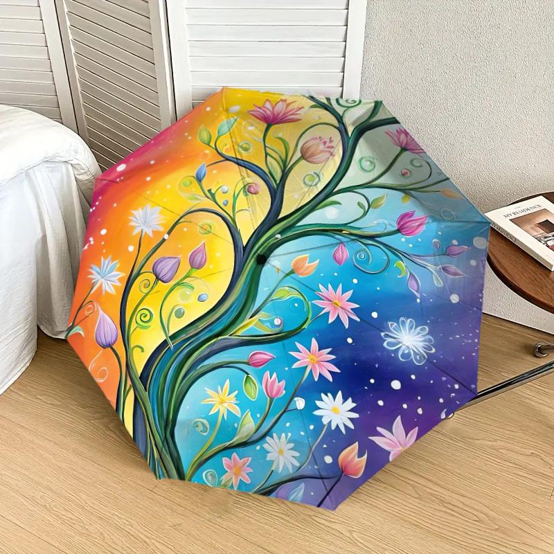 1pc Colorful Floral Tree Artwork Umbrella with Plastic Handle,Suitable for All Seasons Home Travel Outdoor UmbrellaDD278