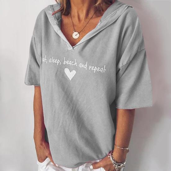 Sommer Unifarbene Damen Buchstaben Herz Druck Kurzarm Hoodies Mit Kapuze T-Shirt