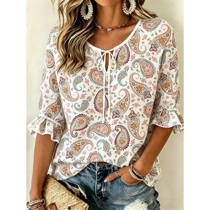 Women's Blue Beige Paisley Print Tie Neck Blouse, Casual Loose Tops for Spring Summer Daily Wear & Vacation Occasions