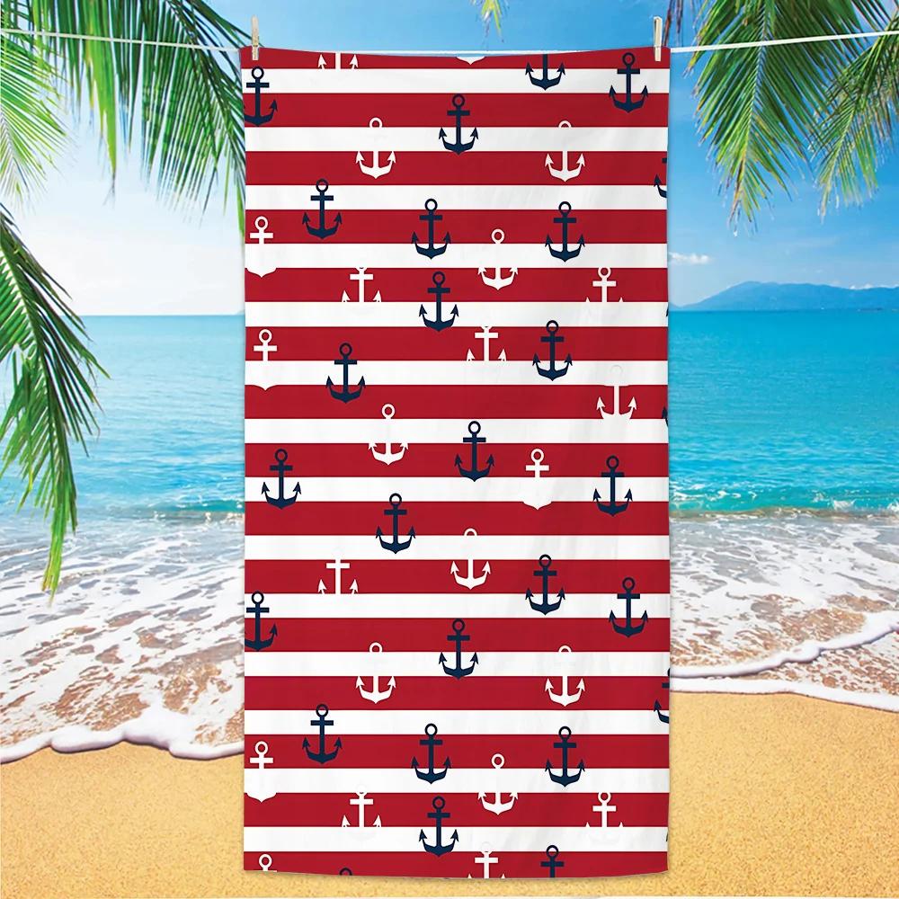 Nautical Pattern Beach Towel, Digital Printing Thin Quick-Dry Anti-Sand Microfiber Lightweight for Swim Yoga Travel Gym Gift