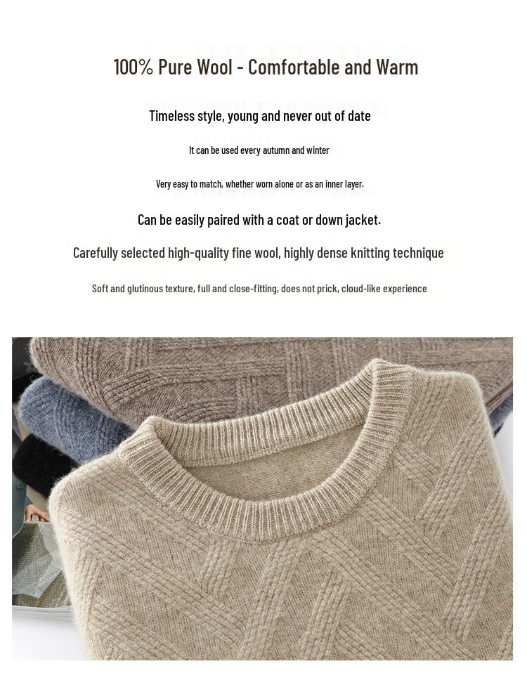 Men's Thick Wool Knit Sweater - Autumn/Winter, Round Neck, Solid Color, Loose Fit, Business Casual.