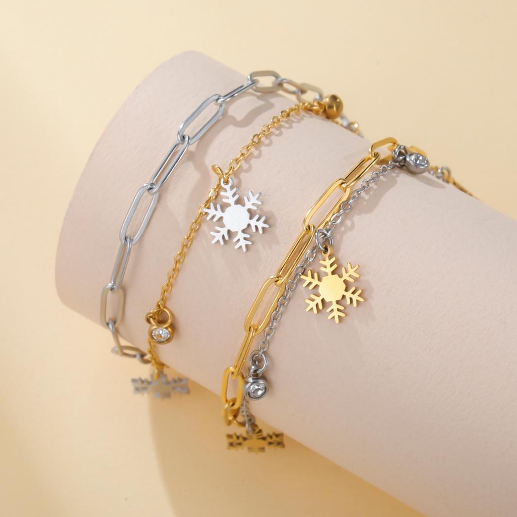 Crystal Snowflake Charms Bracelet for Women Stainless Steel Gold Plated Paperclip Chain Birthday Winter Couple Jewelry Gift