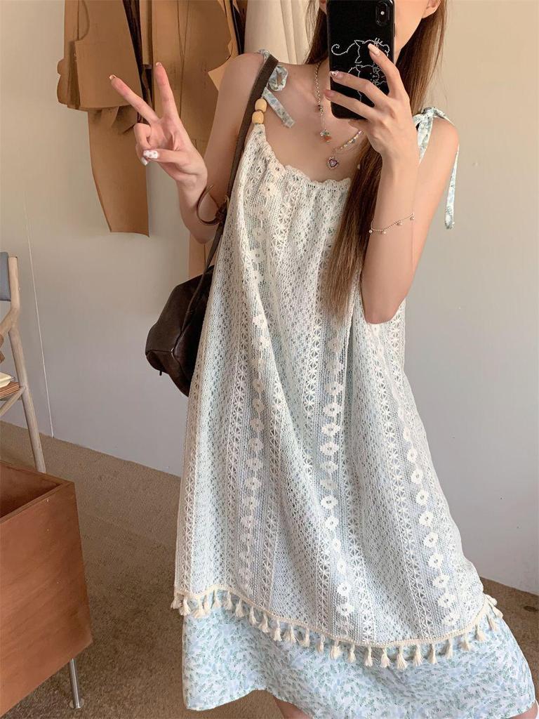 Sweet Retro Floral Lace Tassel Slip Dress for Beach Vacation