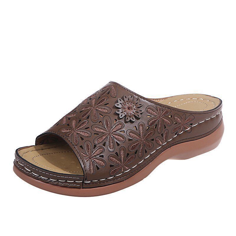 Large size women's shoes summer flowers fish mouth sandals hollow slope heel cool slippers women comfortable