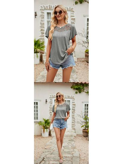 European and American Women's Solid Color Mesh Ruffle Short Sleeve T-shirt