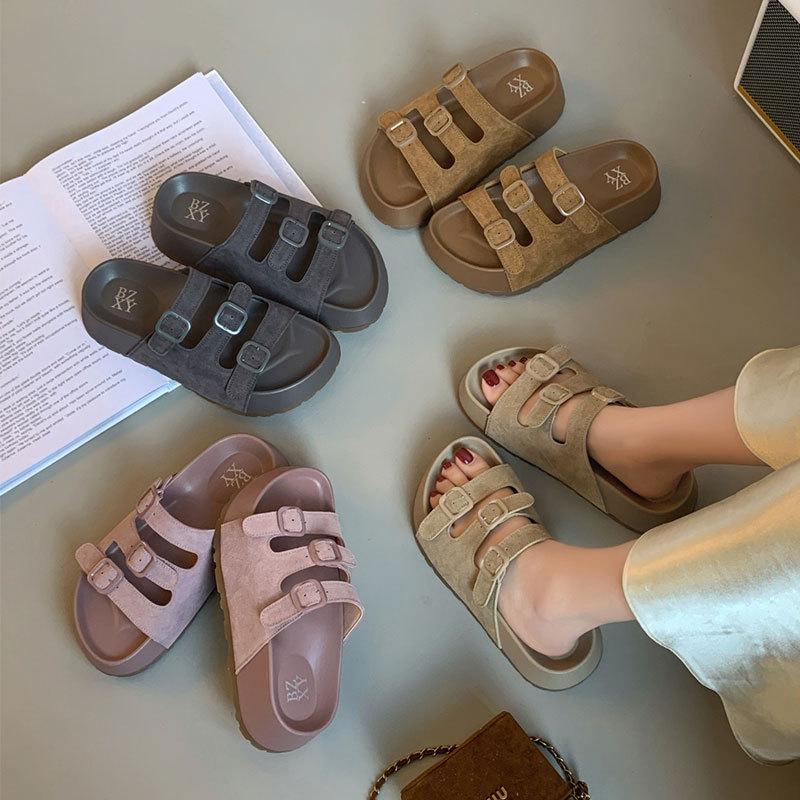 One-word slippers women's fashion versatile outer wear 2025 summer new hollow Roman sandals women's thick-soled bag head slippers