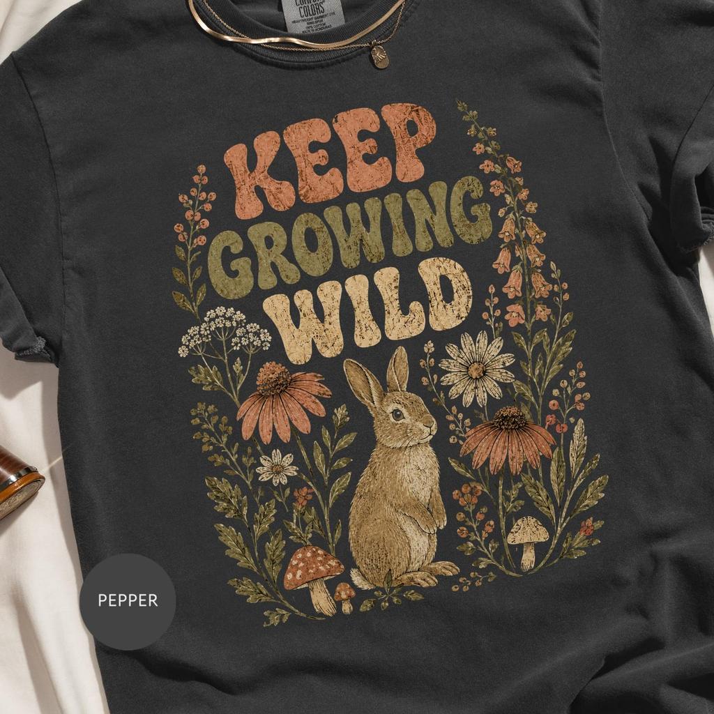 Keep Growing Wild Rabbit T-Shirt, Vintage Floral Bunny Graphic, Cottagecore Nature Lover Gift