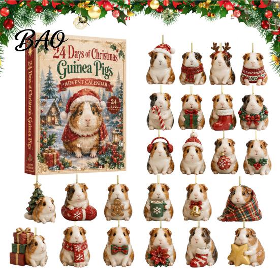 24denní překvapivý kalendář Králík morčecí adventní kalendář, 24denní akrylová 2D sada ozdob s vánoční výzdobou domu, vánoční oblečky, závěsy na stromek