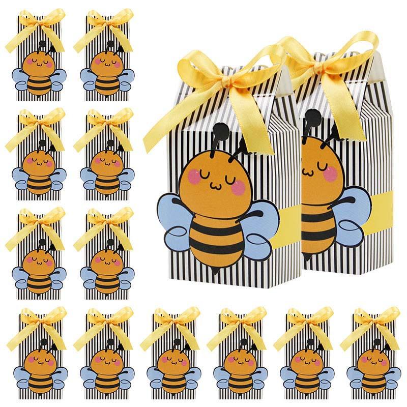 

Little Bee Happy Candy Box, Black And White Striped Bow Ribbon Gift Box, Baby Party Gift Box
