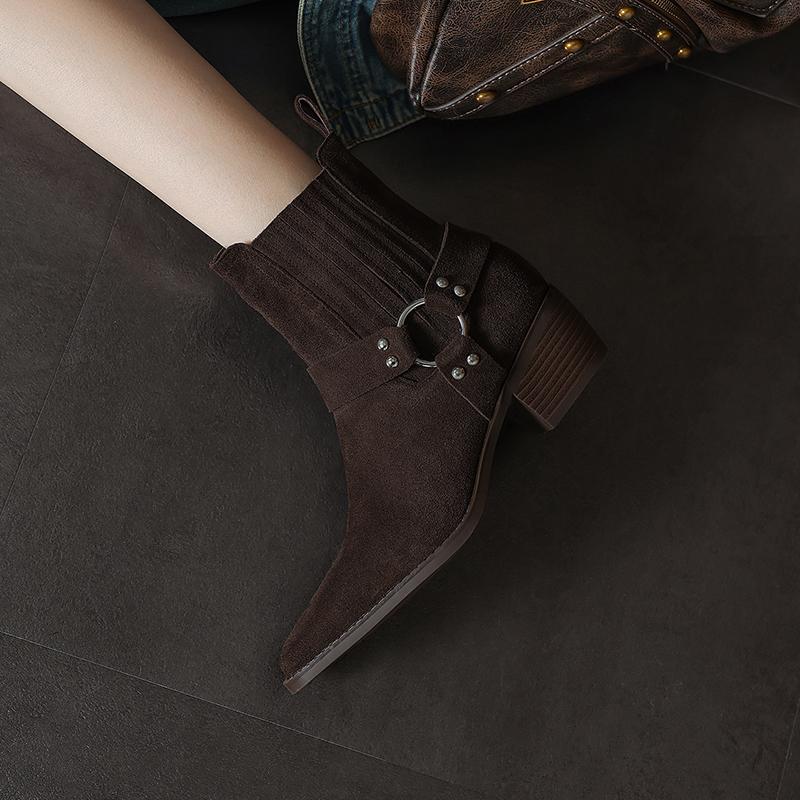 Fashion 2025 New Leather Shoes Women Genuine Square Toe High Heel Ankle Boots Thick Square Heel Slip on Western Boots Cowboy Boots Women