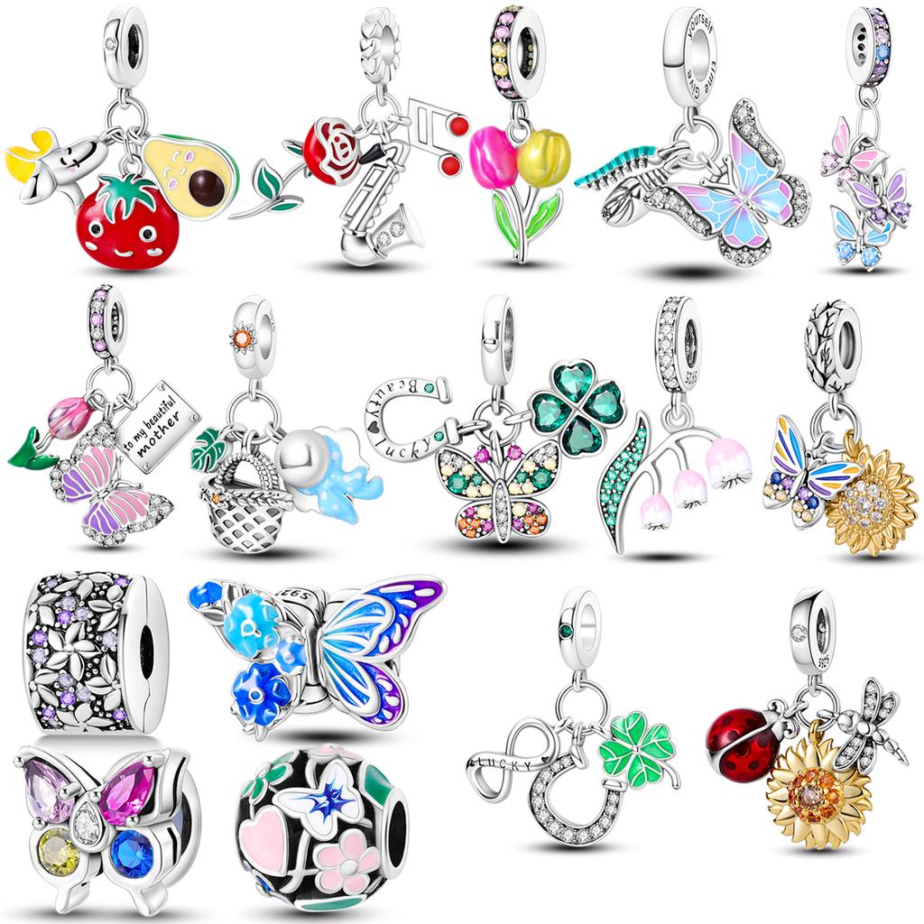 Copper Spring Series Charm Bead Flower Daisy Clover Primrose Bird Butterfly Dangle Fit Bracelet Diy Jewelry