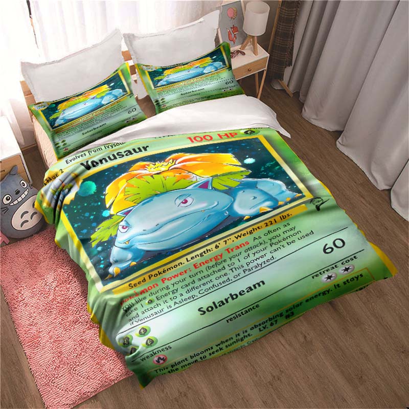 Bedding sets featuring various Pokémon card designs and sizes—including soft duvet covers and pillowcases—suitable for teenagers