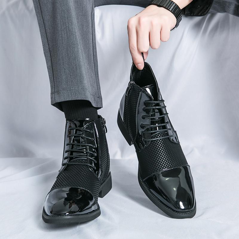 Men Chelsea Ankle Boots Lace Up Side Zipper High Top Boots Pointed Toe Business British Style Leather Shoes Party Dress Boots