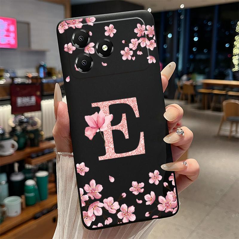 

Black Case For ZTE Blade A36 Fundas Beautiful Flower Printing Initial Letters Phone Casing Soft Silicone Protective Back Cover ZTE Blade A36
