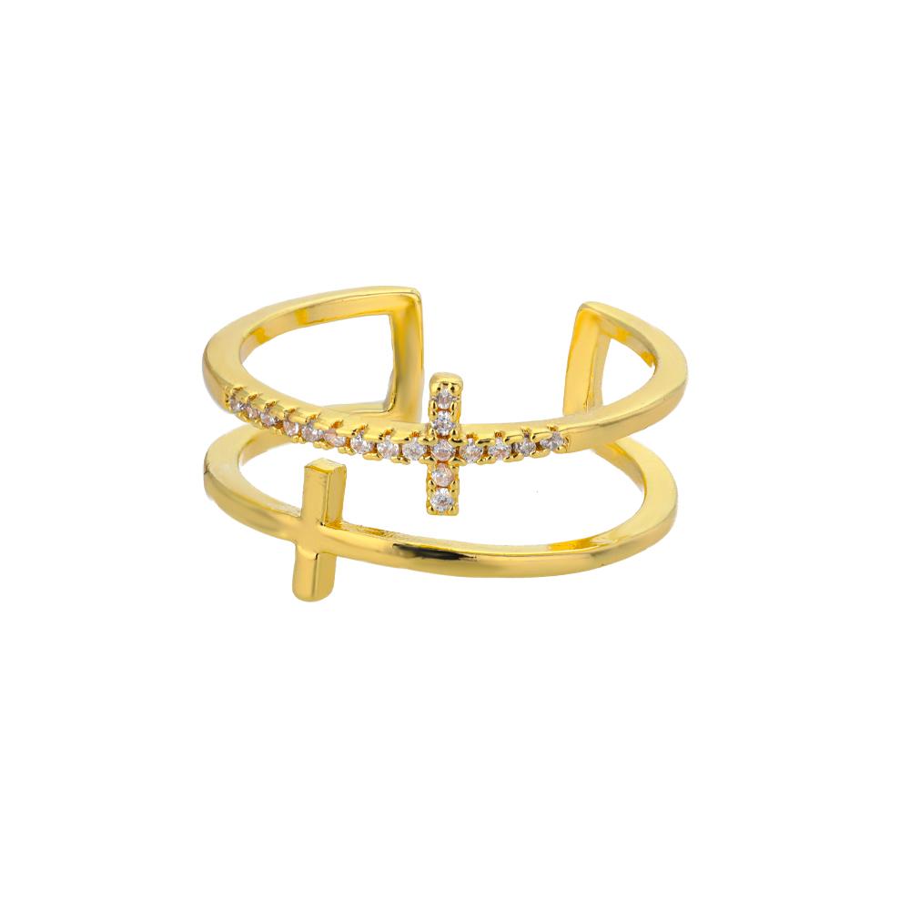 Shiny Opening Zircon Double Cross Rings For Woman Gold Color Stainless Steel Ring Luxury Wedding Ring Jewelry Gift Bague