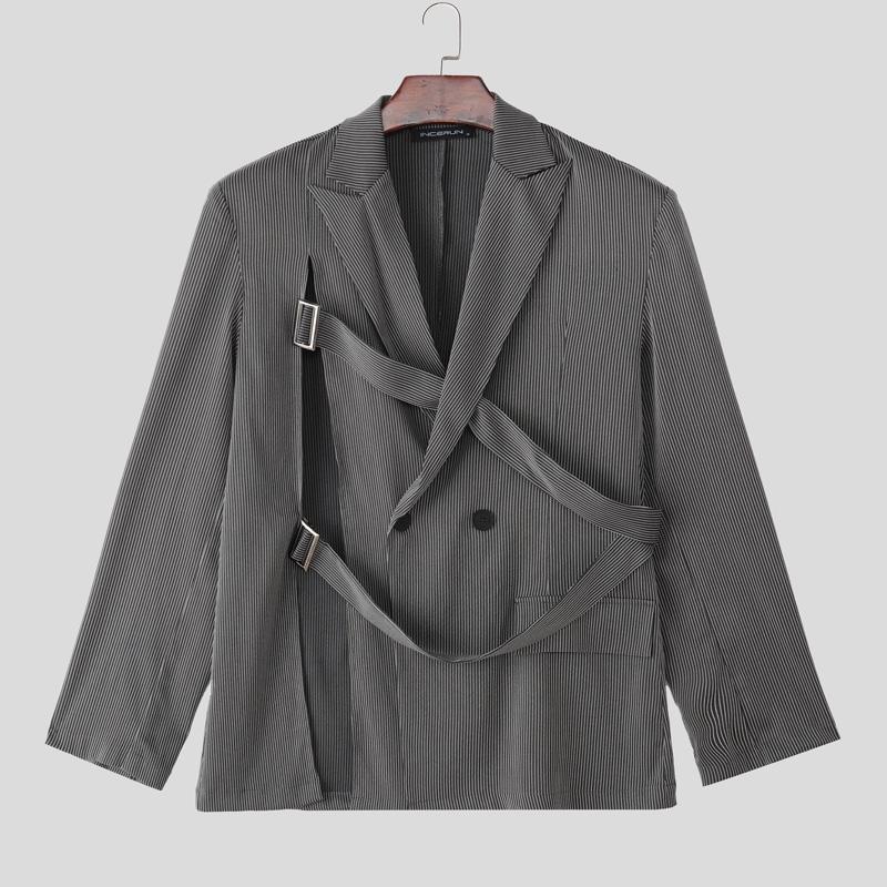 INCERUN Men Notched Lapel Long Sleeve Striped Cutout Front Cross Party Thin Blazer Coats