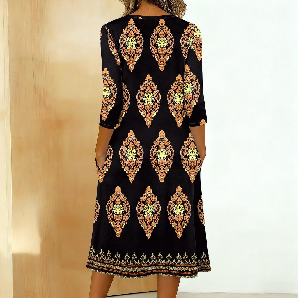 Women's Fashionable Color Printed Round Neck 3/4 Sleeve Button Collar Mid Length Casual Dress