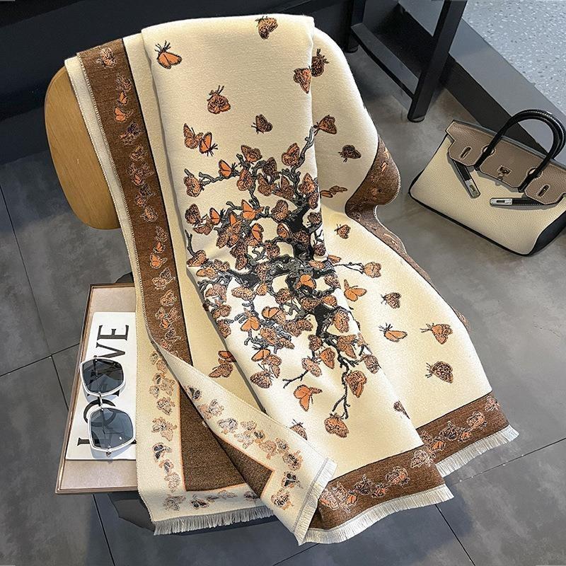 Autumn and winter new versatile imitation cashmere scarf female butterfly flying printing thickened warm shawl scarf
