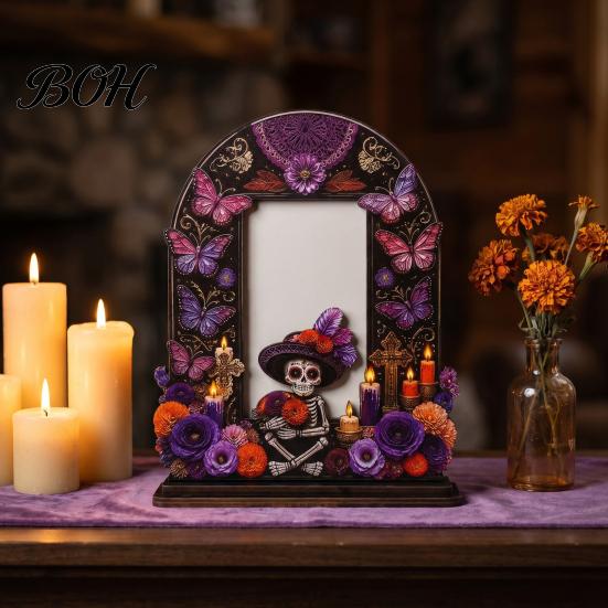 Unique Festival Gift Ideas Dia De Los Muertos Wooden Photo Frame Tabletop Decor, Day of The Dead Sugar Skull Ornaments Memorial Picture Holder