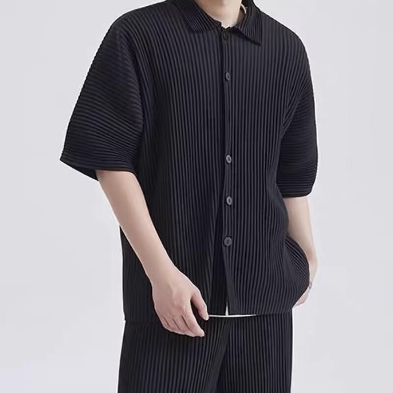 Pleated short-sleeved shirt pleated pendant lapel loose casual jacket men s summer 1 code чёрный