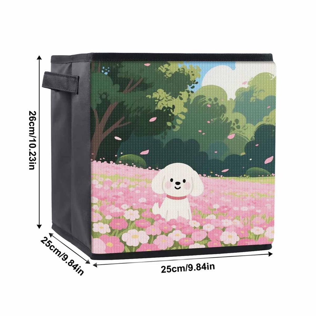 Der kleine Hund im Blumenbeet 5D Diamantmalerei Aufbewahrungskorb Voll Runde Bohrer Mosaik Diamantstickerei Kreuzstich-Sets Heimdekor Heimdekor