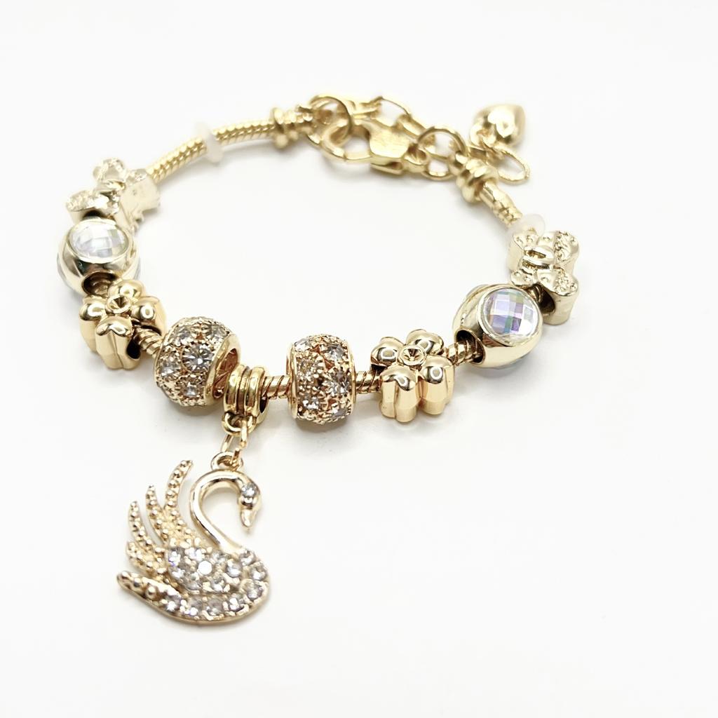 High Quality Gold Plated Crystal Rhinestone Lotus Flower Charm Bracelet Large Hole Beads Pink Flower Pendant Adjustable DIY