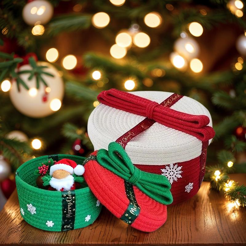 Christmas Decoration Storage Basket With Dust Cover Holiday Gift Box Cotton Rope Woven Snacks Small Gift Storage Basket