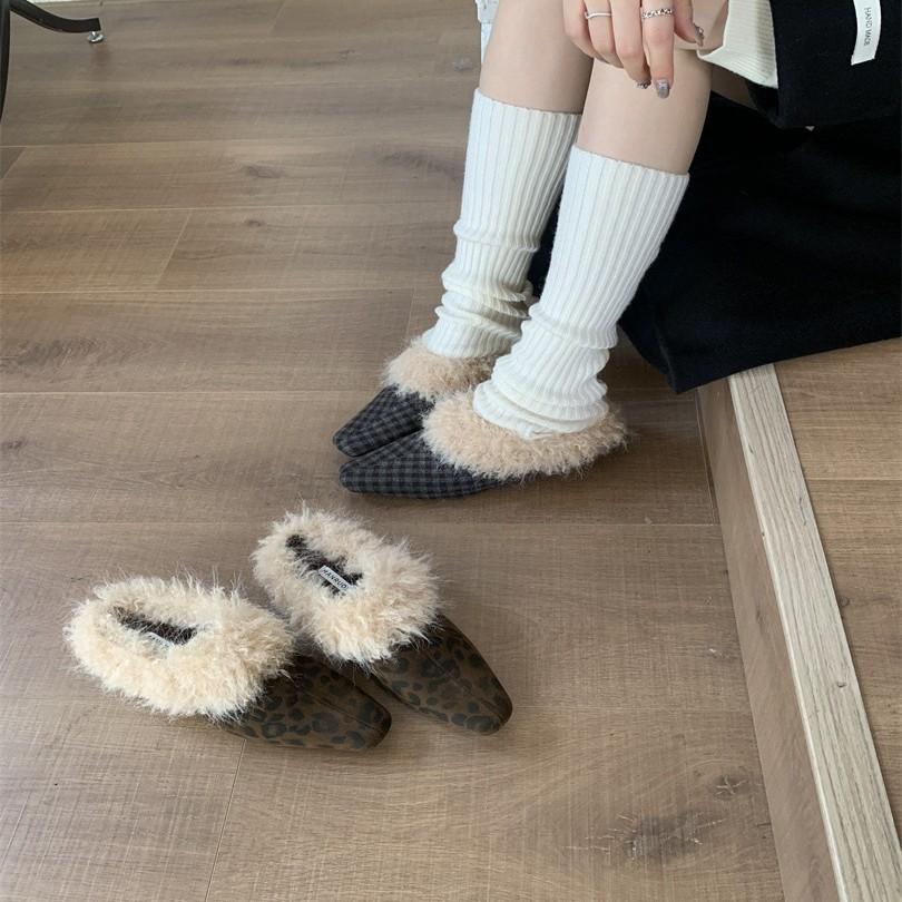 Korean version of square head plush shoes single shoes women's 2025 warm cotton shoes French thick heel retro black small leather shoes