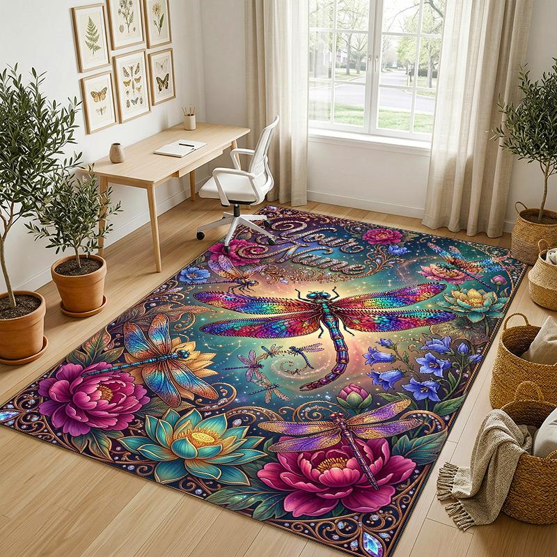 Dragonfly Dreams Bloom Theme Soft Crystal Velvet Rug Custom Name & Text Print Non Slip Floor Rug for Bedroom Living Room