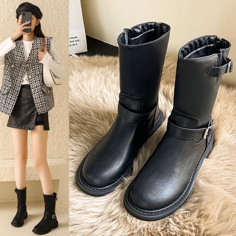 Designer Women Shoes  Autumn Winter New Platform Women's Boots Classic Round Toe Brown Boots British Ladies Mid-calf Boots