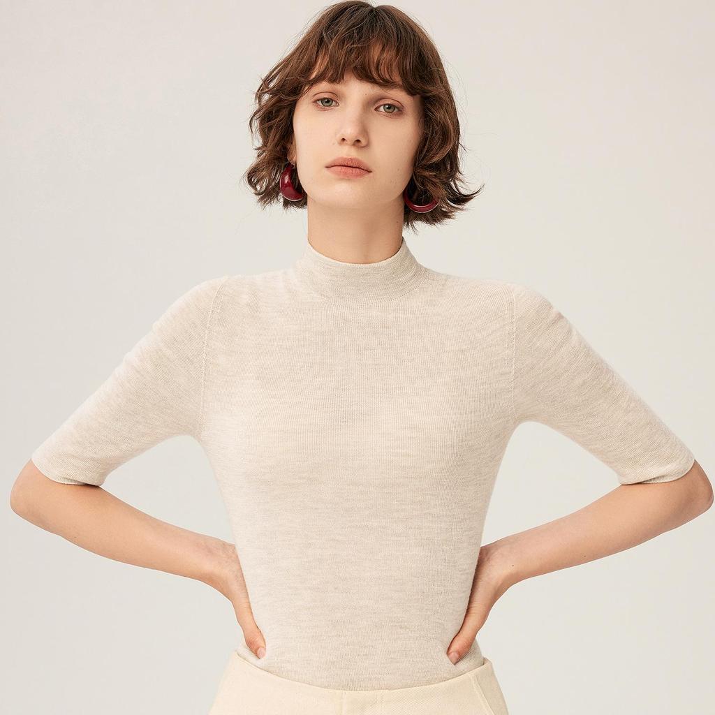 Women's 18-Gauge Fine-Spun Yangtze Yarn 100% Wool Mid-Sleeve Spring Slim-Fit Base Layer Top