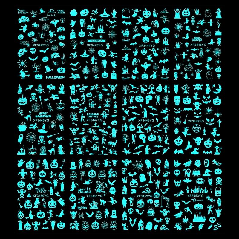 

12sheet Fluorescent Stickers Glow In The Dark Luminous Halloween Nail sticker Self Adhesive Halloween Nail Art Stickers 1