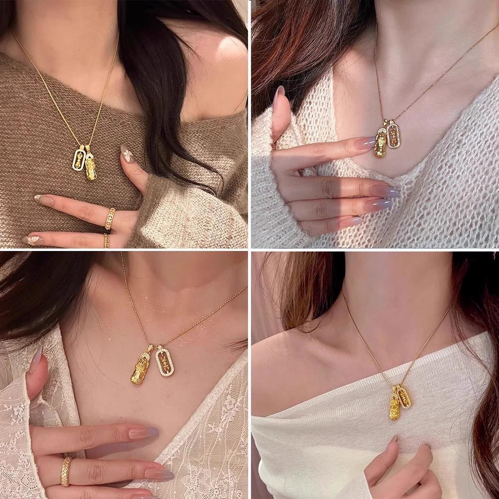 ANENJERY Gold Geometrischer Zirkon Tier Pixiu Anhänger Halskette für Damen Nische Trend Einzigartig Leichter Luxus Exquisit Pulloverkette Schmuck Geschenk