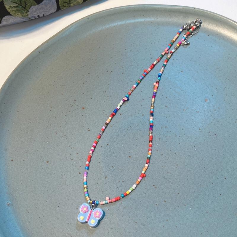 Fashionable Sweet Beads Necklace Short Choker Y2K Colorful Jewelry Pendant Necklace Rice Beads Material for Women Girls